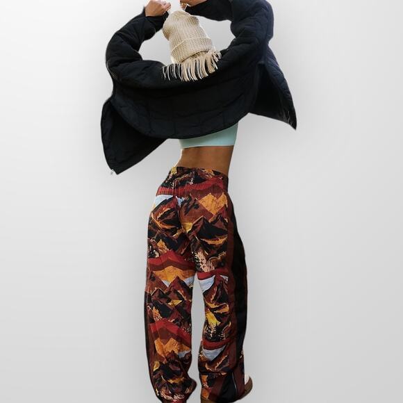 Med FP Free People Printed EndZone TrackPants Ski Nic Route Mocha Apres Mountain - Picture 3 of 15